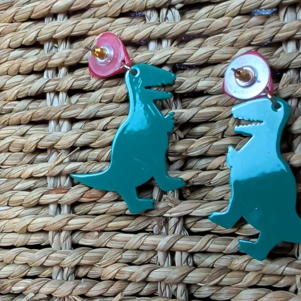 Dinosaur Earrings with Red Hearts
